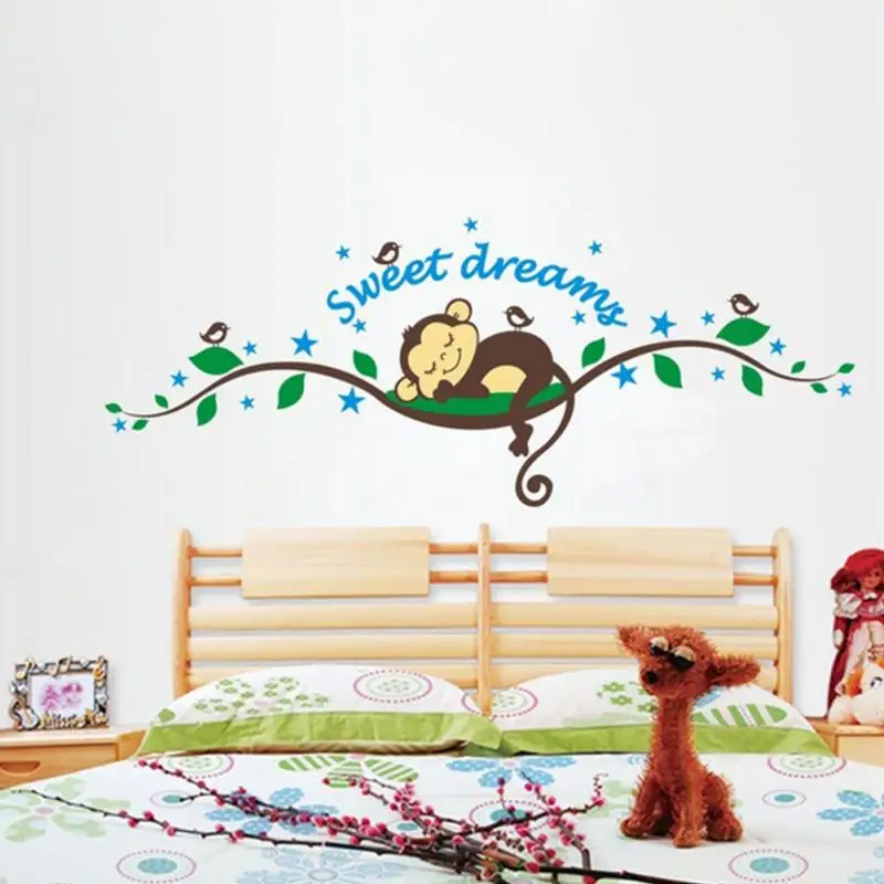 

Sweet Dream Wall Sticker Cartoon Sleep Monkey Bird Tree Branch Wall Decals Home Decor Kids Children Room Nursery Decoration