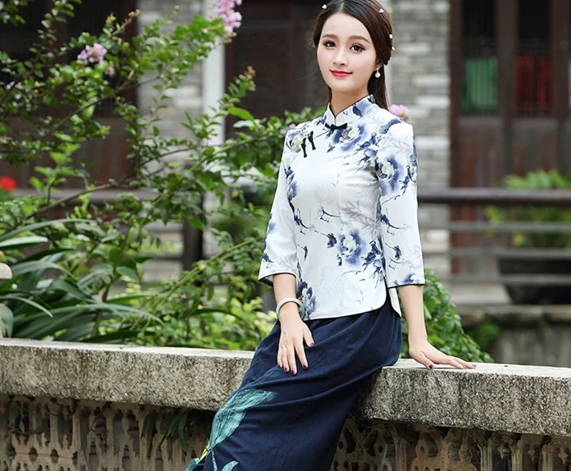 Китайские Топы Cheongsam для женщин весна лето Шанхай Тан одежда Женская Ретро винтажная рубашка женские китайские Топы TA1525