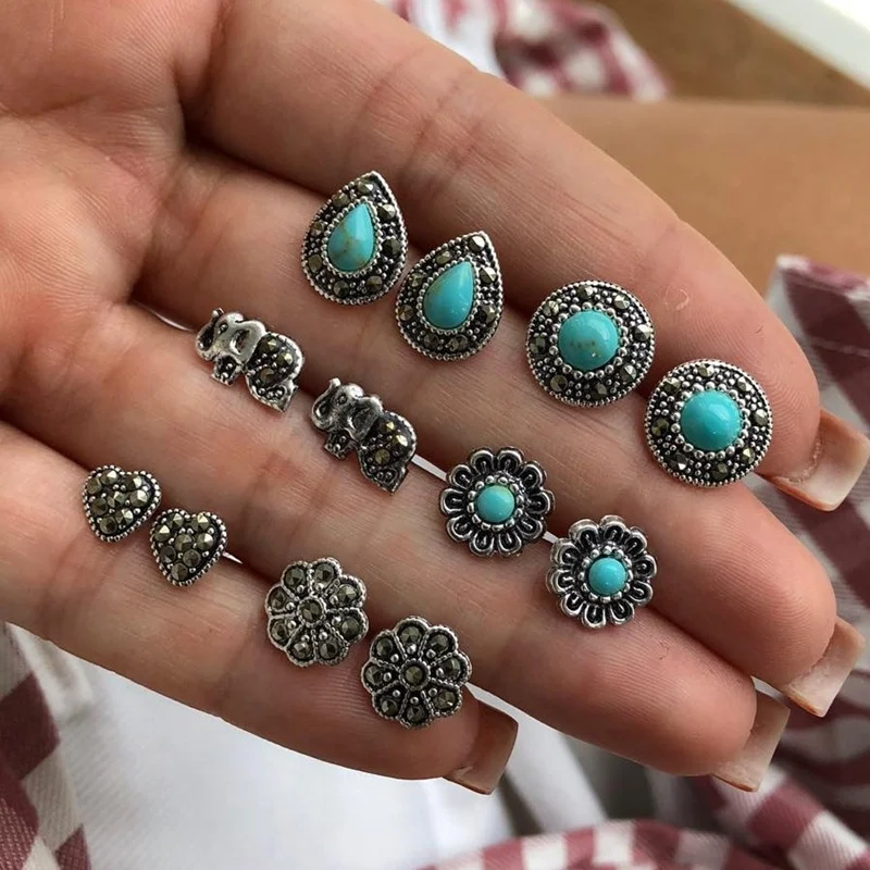 6 пар/уп. богемные модные серьги-гвоздики в виде слона с резным цветком для женщин