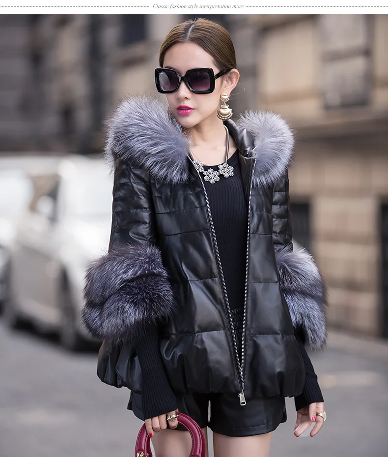 Free Shipping 2016 Latest Design Winter Fur Coat Fashion Slim Woman Leather Jacket Fox Collar A0023 |