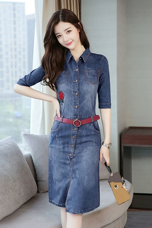 Женское джинсовое платье весна-осень 2018 офисное облегающее большого размера с