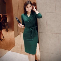 new womens work dress spring 2021 fashion ol style medium long sexy formal long sleeve solid color slim business dress female