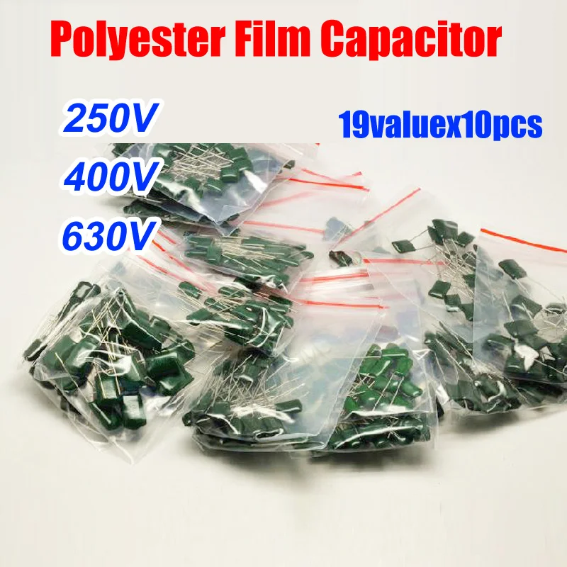 

19valuesx10pcs=190pcs Polyester Film Capacitor 2E 2G 2J Assorted Kit 250V 400V 630V 2E103-2J822
