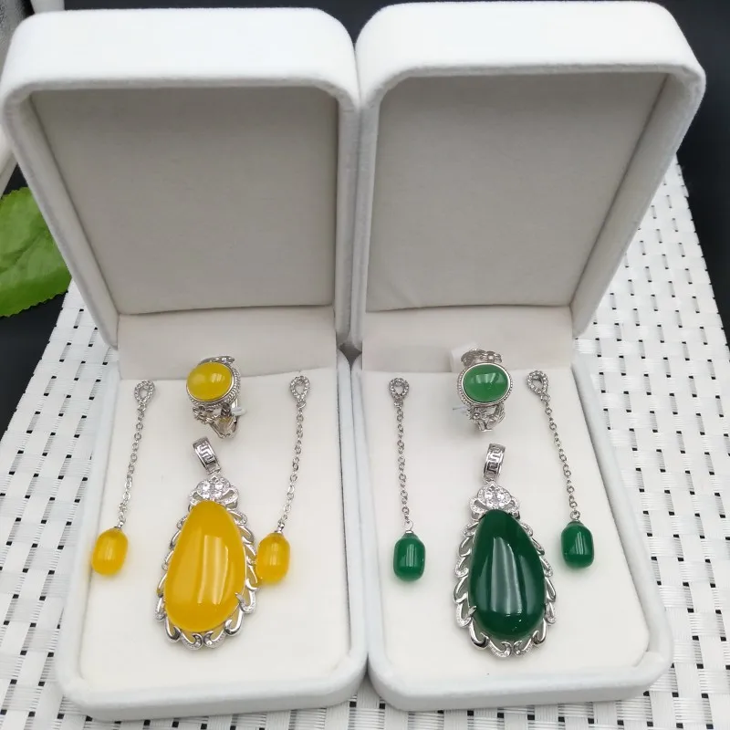 Натуральный аутентичный набор из халцедона желтое зеленое женское кольцо с