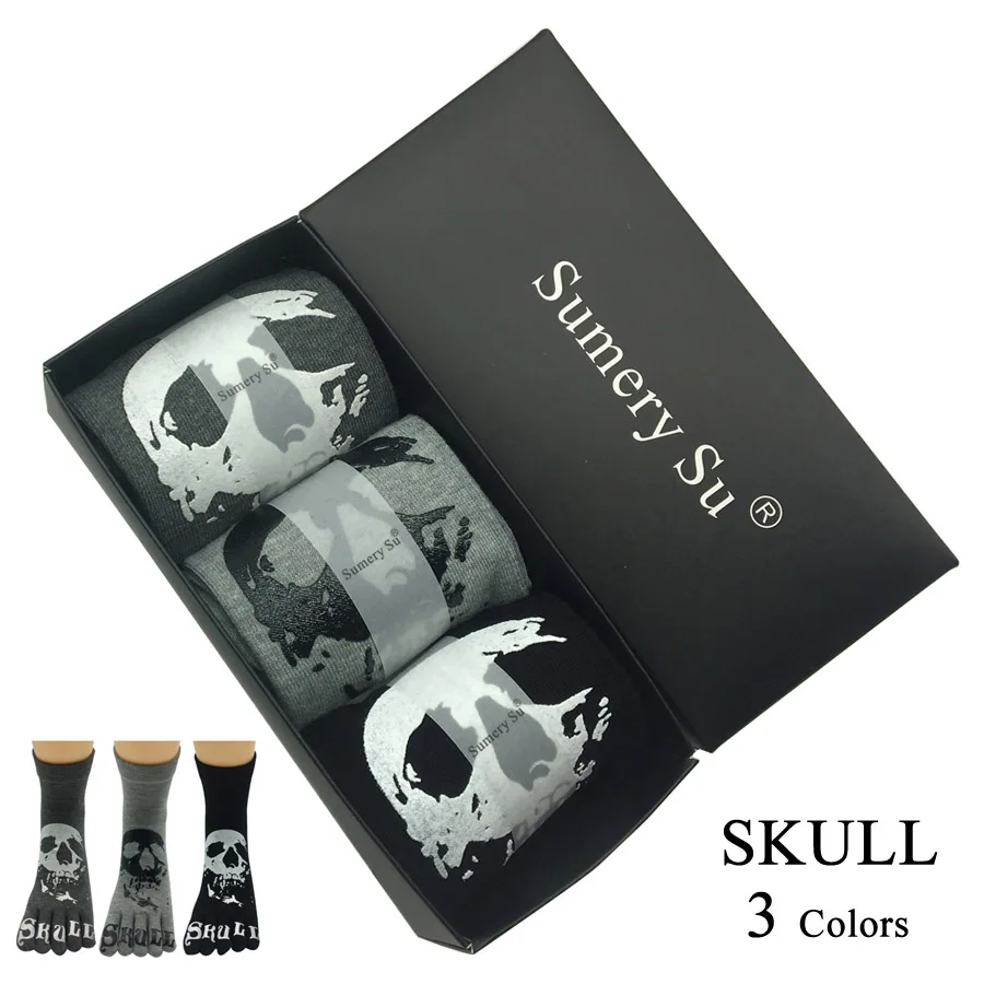 3 Colors Skull w Box 3 пары/партия носки с пятью раздельными пальцами Для мужчин с рисунком черепа ручной Bone, брендовый дизайнерский хлопковый Повседневное в виде скелета на Хэллоуин забавные носки 2 стиля - Цвет: 3 Colors Skull w Box