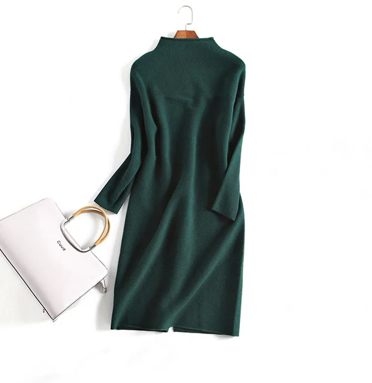 women's fashion wool knit mid-long pullover sweater dress half-high collar wide waist H-style drop-shoulder sleeve S-2XL | Женская