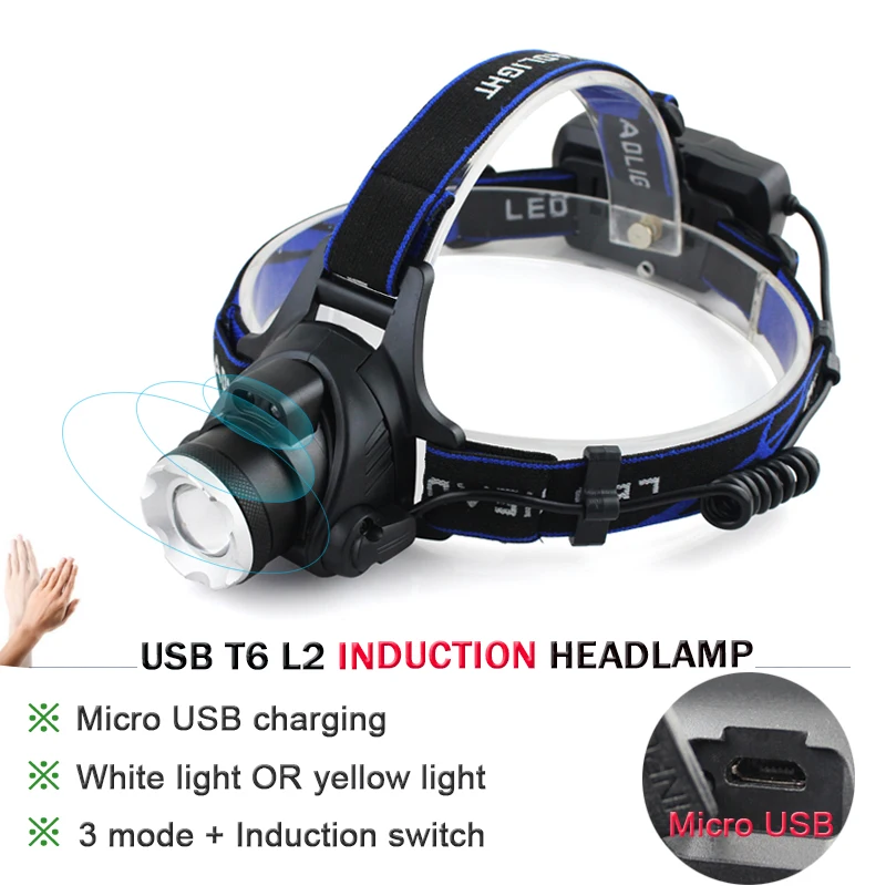 Светодиодный налобный фонарь с ИК датчиком индукционный Micro USB 18650 Lanterna XM L2 XML T6