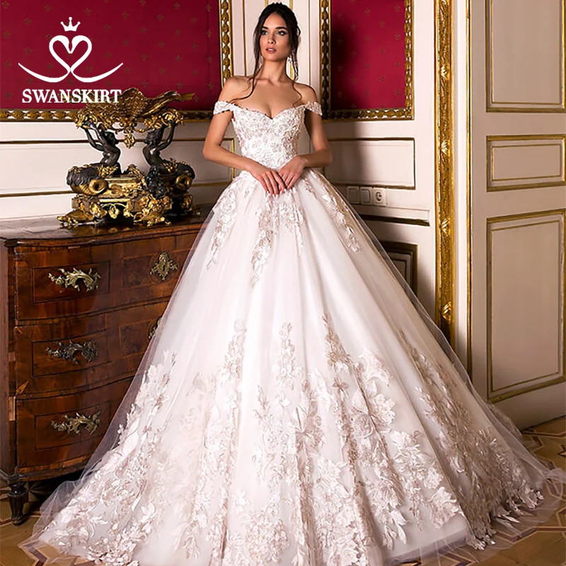 Бальное платье с открытыми плечами, свадебные платья, Swanskirt, розовая Аппликация из бисера, часовня, поезд, свадебное платье, Vestido de novia OZ10