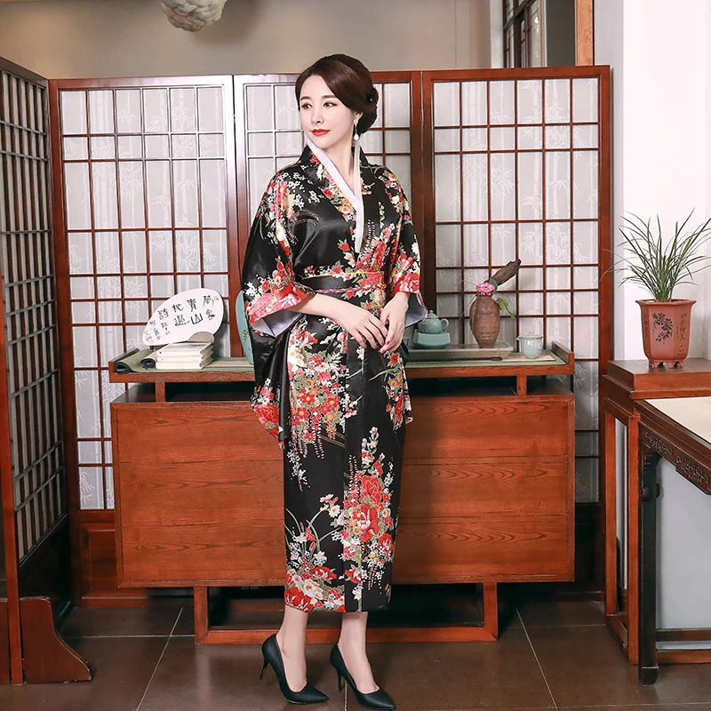 Loose Dress Japanese Style Print Yukata With Obi Black Stage Performance Clothing Sexy Women Satin Kimono Bathrobe Gown | Тематическая