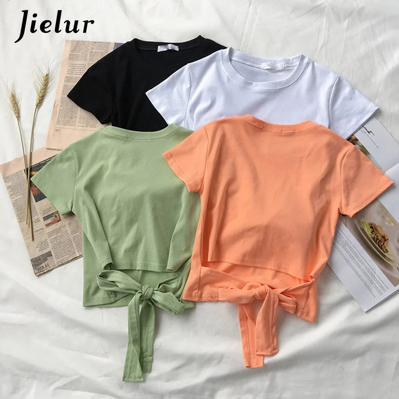 Jielur 4 цвета зеленая футболка для женщин открытая спина галстук бабочка