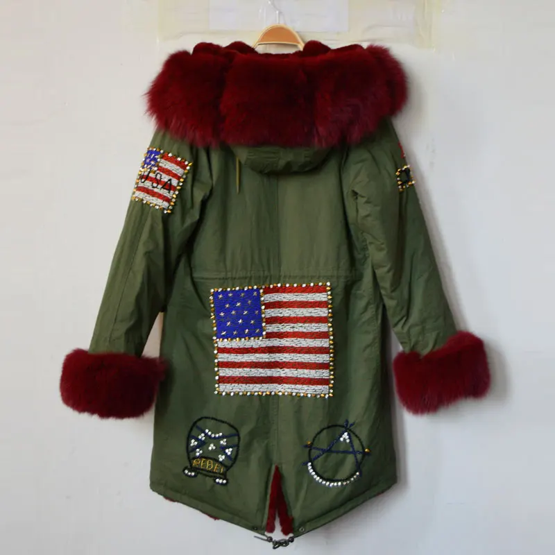 Заказная парка из меха красного вина с отделкой бисером США воротник лисьего