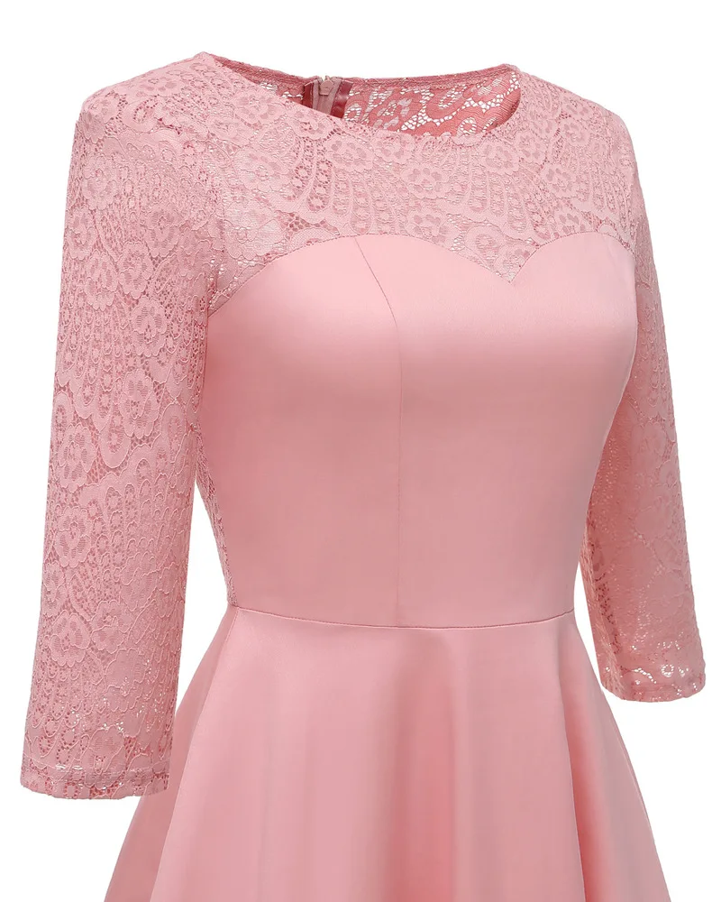Vintage Lace A Line Ball Gown Women seven Quarter Sleeve O-neck Satin MIDI Party Dress Wedding Guest evening Dresses | Свадьбы и