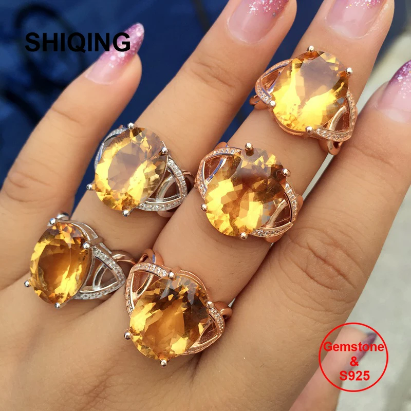 Женские кольца SHIQING большие из серебра 925 пробы с овальным цитрином 12*16 мм|Кольца| |