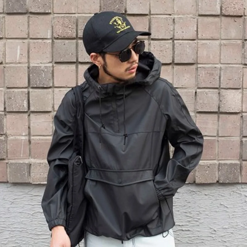 Мужской пуловер с капюшоном Anorak черная непромокаемая толстовка уличная одежда
