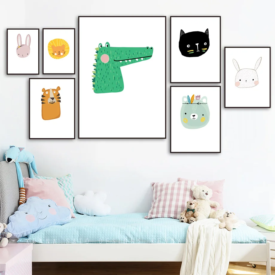 

Nordic Style Kids Decor Picture Nursery Rabbit Bear Crocodile Animal Wall Art Canvas Painting Cute Cartoon Posters or Bedroom