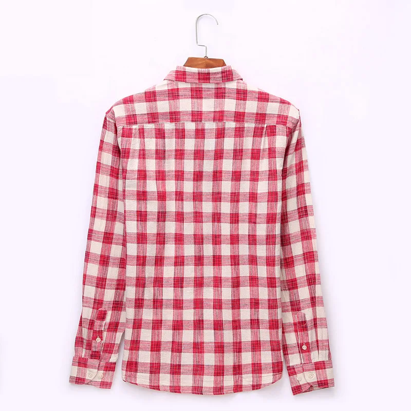 Spring Autumn Fashion Plaid Shirt Men 100% Cotton Long Sleeve Red Buffalo Check Linen Style Casual Shirts Slim Fit | Мужская одежда