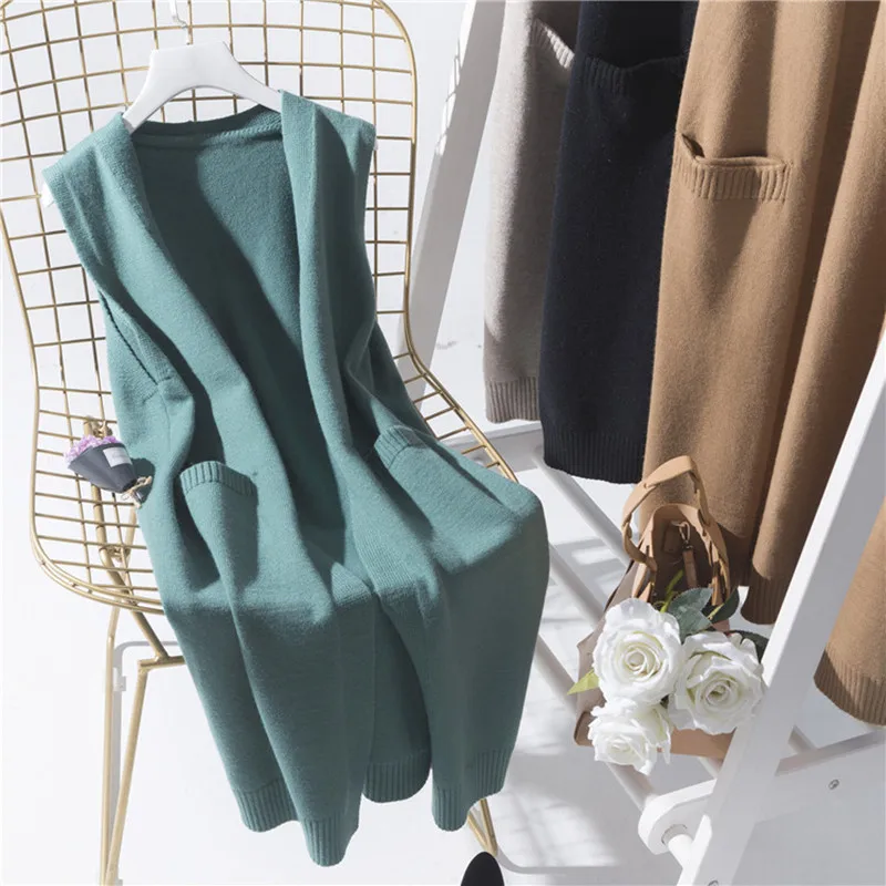 2022 Spring Sleeveless Long Knitted Vest Women Solid Wool Cardigan Coat Korean Fashion V-Neck Lady's Sweater Winter Waistcoat