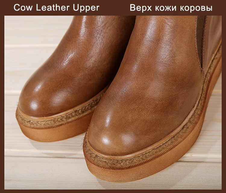 Ботильоны; женская обувь; Новинка года; женская обувь, увеличивающая рост; винтажные полуботинки из натуральной кожи на плоской платформе