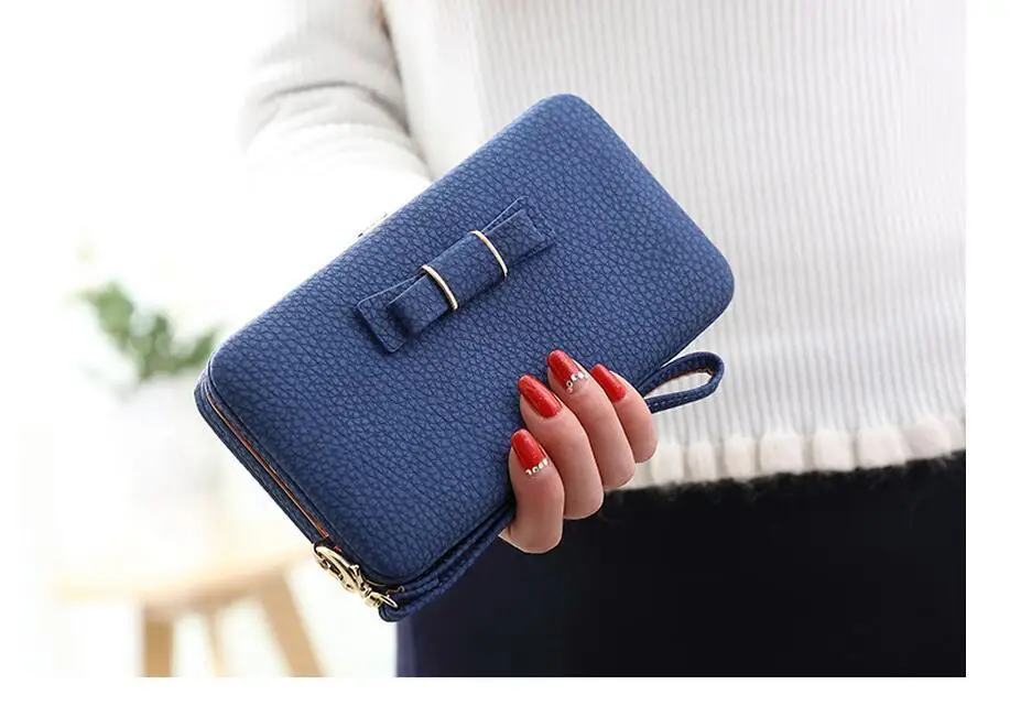 Navy Blue Портативный Женский Длинный кошелек-клатч с бантиком для девушек, большой вместительный кошелек, сумка с карманом для мобильного телефона - Цвет: Navy Blue