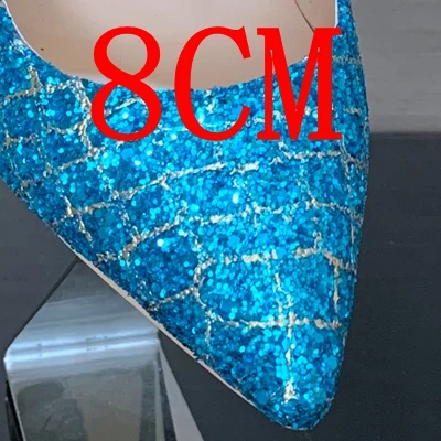 blue shange 8cm Женские блестящие кожаные туфли на высоком каблуке; женские туфли-лодочки на платформе; модельные летние свадебные туфли; женские туфли-лодочки с острым носком на высоком каблуке - Цвет: blue shange 8cm