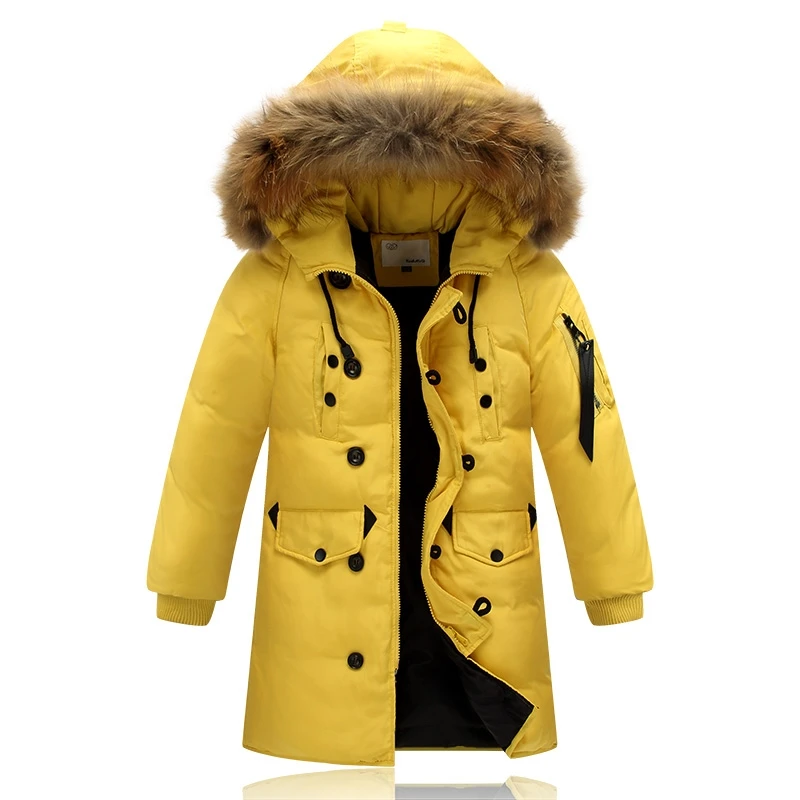 yellow Теплое зимнее пальто для температуры до-30 градусов детская одежда для мальчиков, парка, куртка для мальчиков-подростков на утином пуху Длинная Верхняя одежда для детей - Цвет: yellow