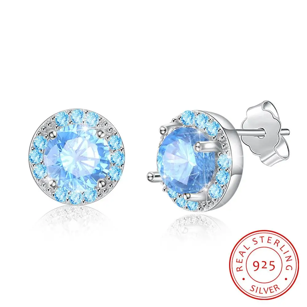 Light Blue Классические роскошные серьги с цирконием кубической огранки 9 мм круглые 925 пробы серебряные серьги для женщин Свадебные украшения подарок(Lam Hub Fong - Цвет камня: Light Blue