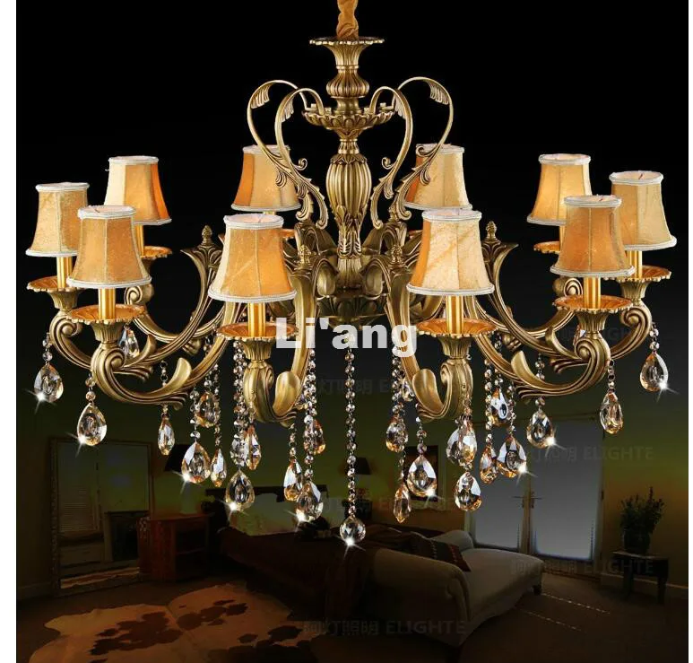

European Style D100cm H65cm Bronze 10L Size K9 Crystal Chandelier Lighting Luxurious Brass Crystal Lamp Lustre AC Shade Included