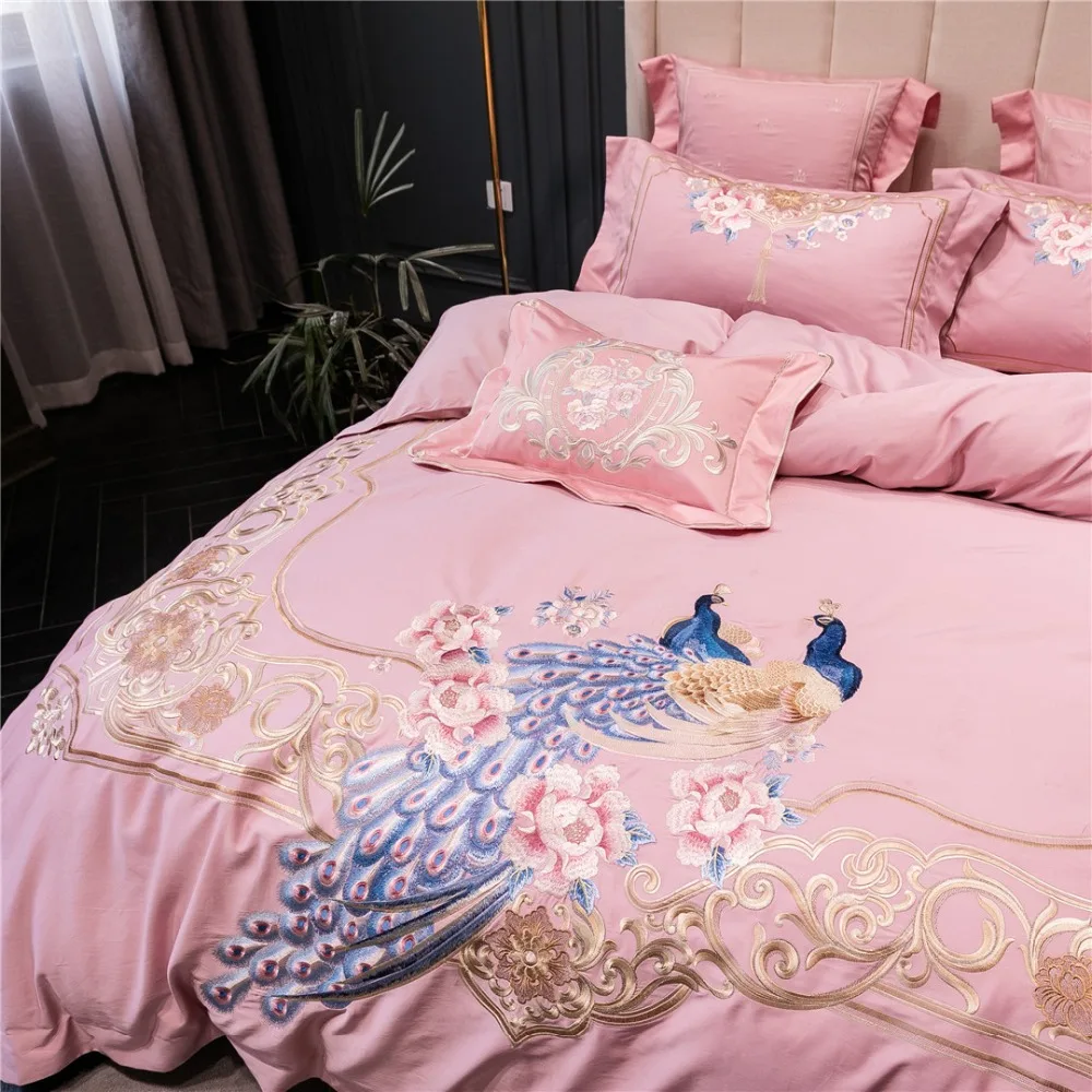Noble 100S Egyptian cotton Embroidered Bedding sets Peacock Queen King Princess Duvet cover Bed sheet set Pillowcases 4/6pc Pink | Дом и сад