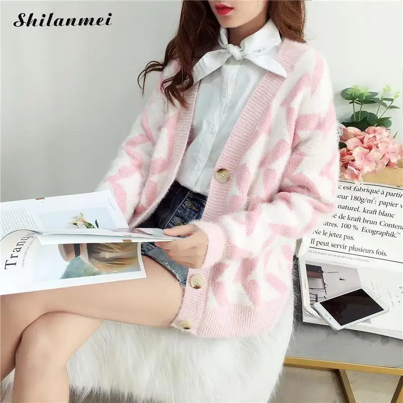 Женский вязаный кардиган с геометрическим принтом Свободный Повседневный