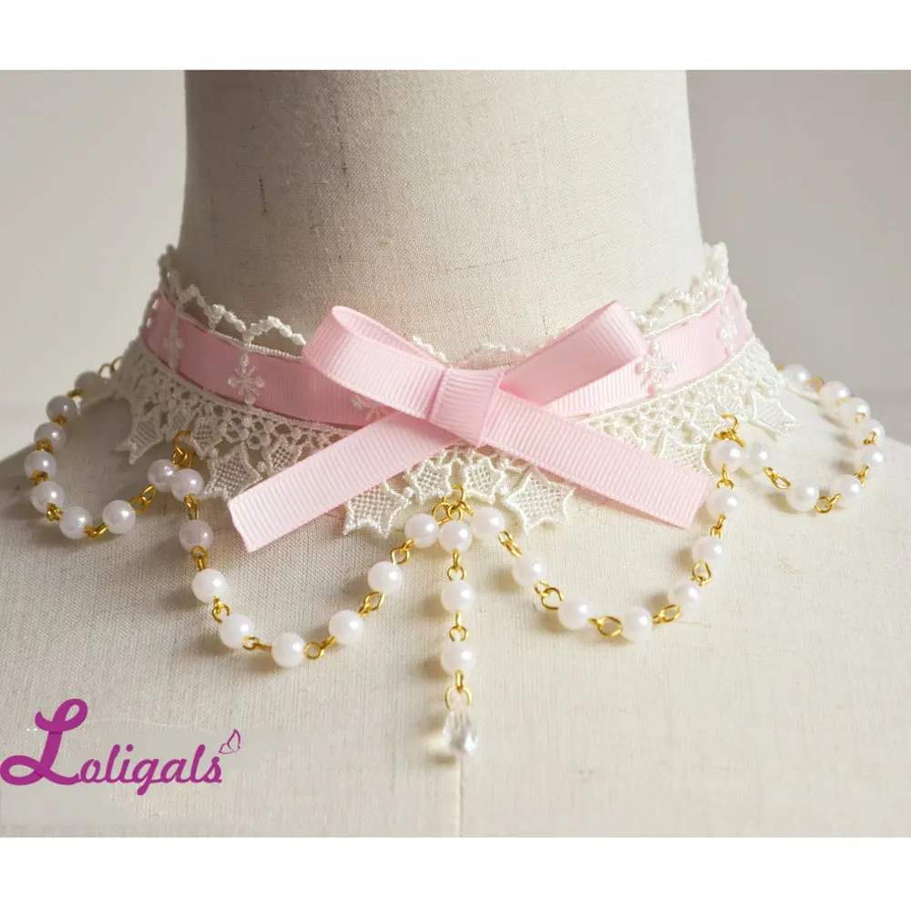 

Sweet Lolita Lace Choker with Bowknot Cute Necklace with Beaded Chain