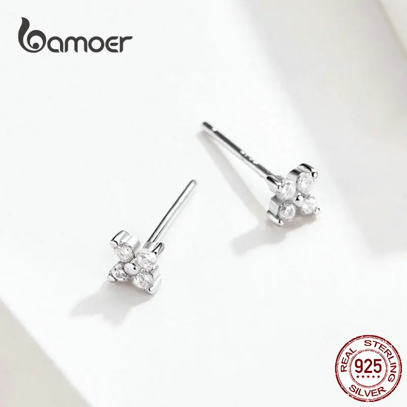 Bamoer, крошечные серьги-гвоздики для девочек из натуральной 925 пробы, серебряные, прозрачные, CZ, серьги-гвоздики в виде цветка, легкие ювелирные изделия для офиса, недели, SCE648