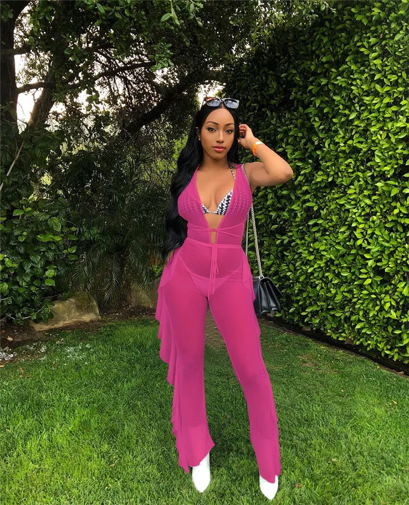 Женский комбинезон с оборками Adogirl флуоресцентный сетчатый глубоким v образным