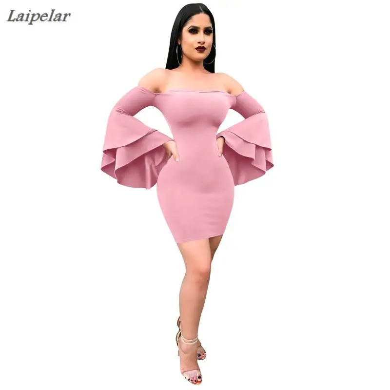 

Laipelar Women Summer Dress Sexy Off Shoulder Strapless Flare Sleeve Dress Fashion New Slim Party Club Bodycon Dress Vestido