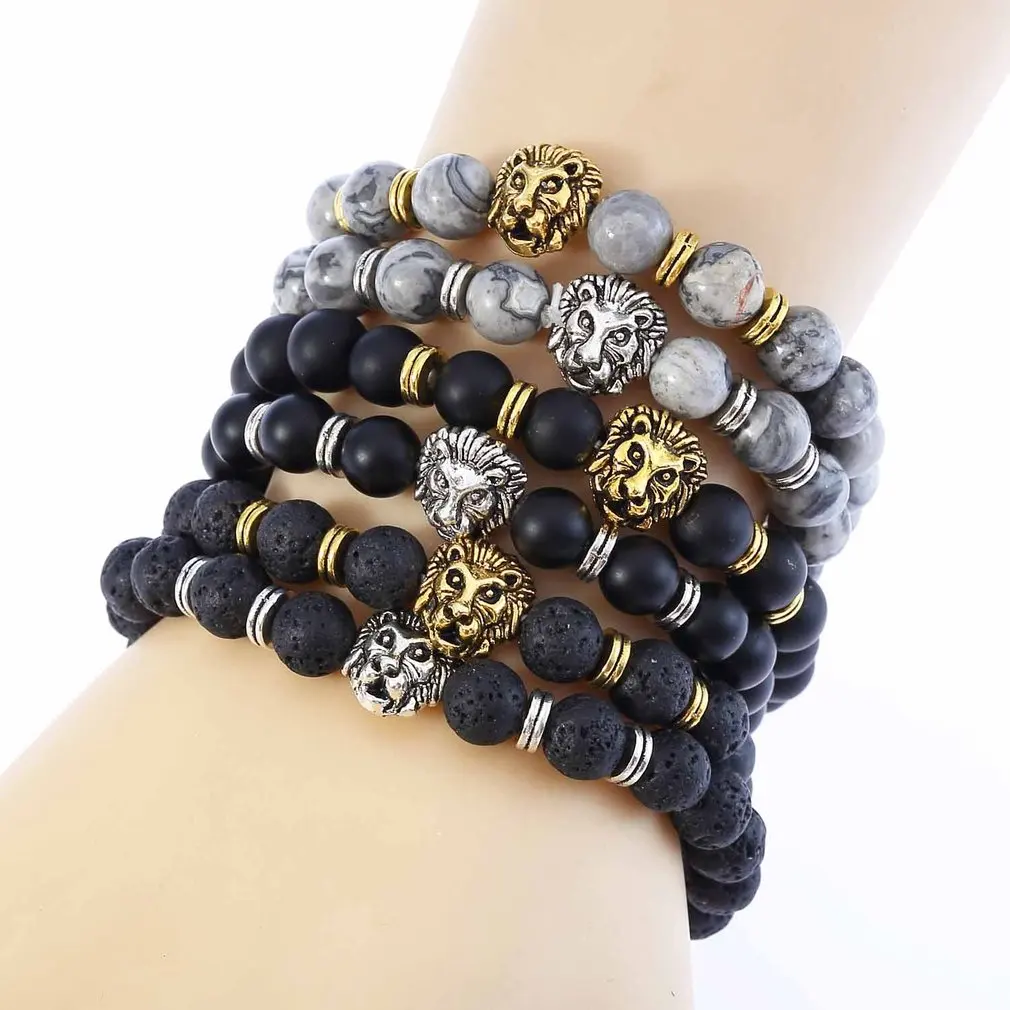 Классические бусы черный серый лава тигровый глаз камень браслет для мужчин