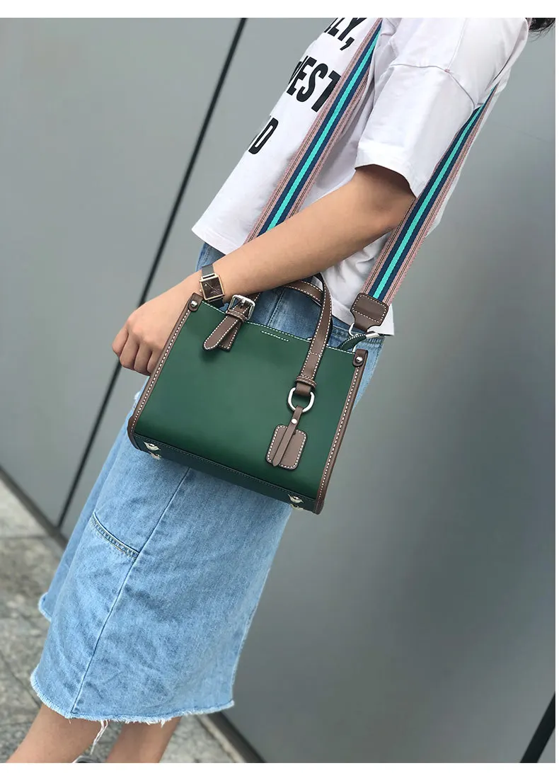 Color Blocking Daily Purse OL Business Tote Bag Genuine Leather Women's Shoulder Bag Small Top-handle Handbag