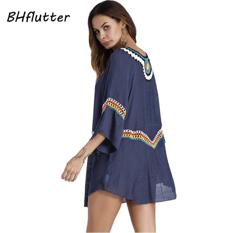 Bhflutter 2018 Новое богемное платье Для женщин Вышивка Boho Стиль мини пляжное из хлопка