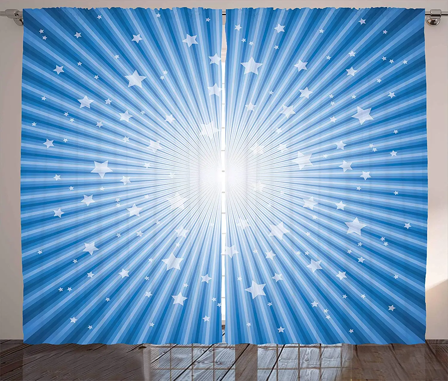 Винтажные синие шторы концентрические полоски со звездами Ретро стиль эффект