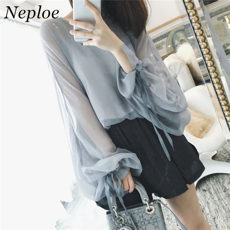 Женская шифоновая блузка на шнуровке в Корейском стиле с длинным рукавом новинка