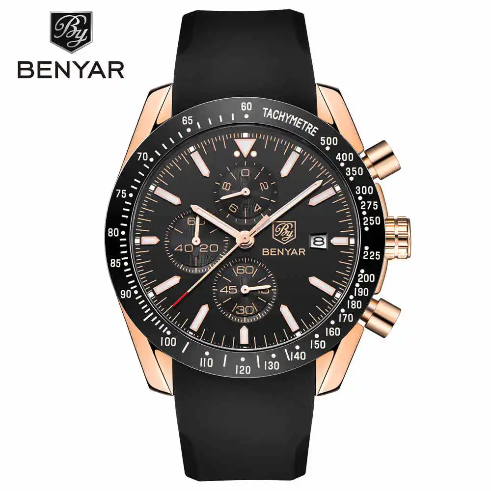 Gold Black Топ бренд класса люкс BENYAR мужские спортивные часы хронограф силиконовый ремешок Кварцевые армейские военные часы мужские Relogio Masculino - Цвет: Gold Black