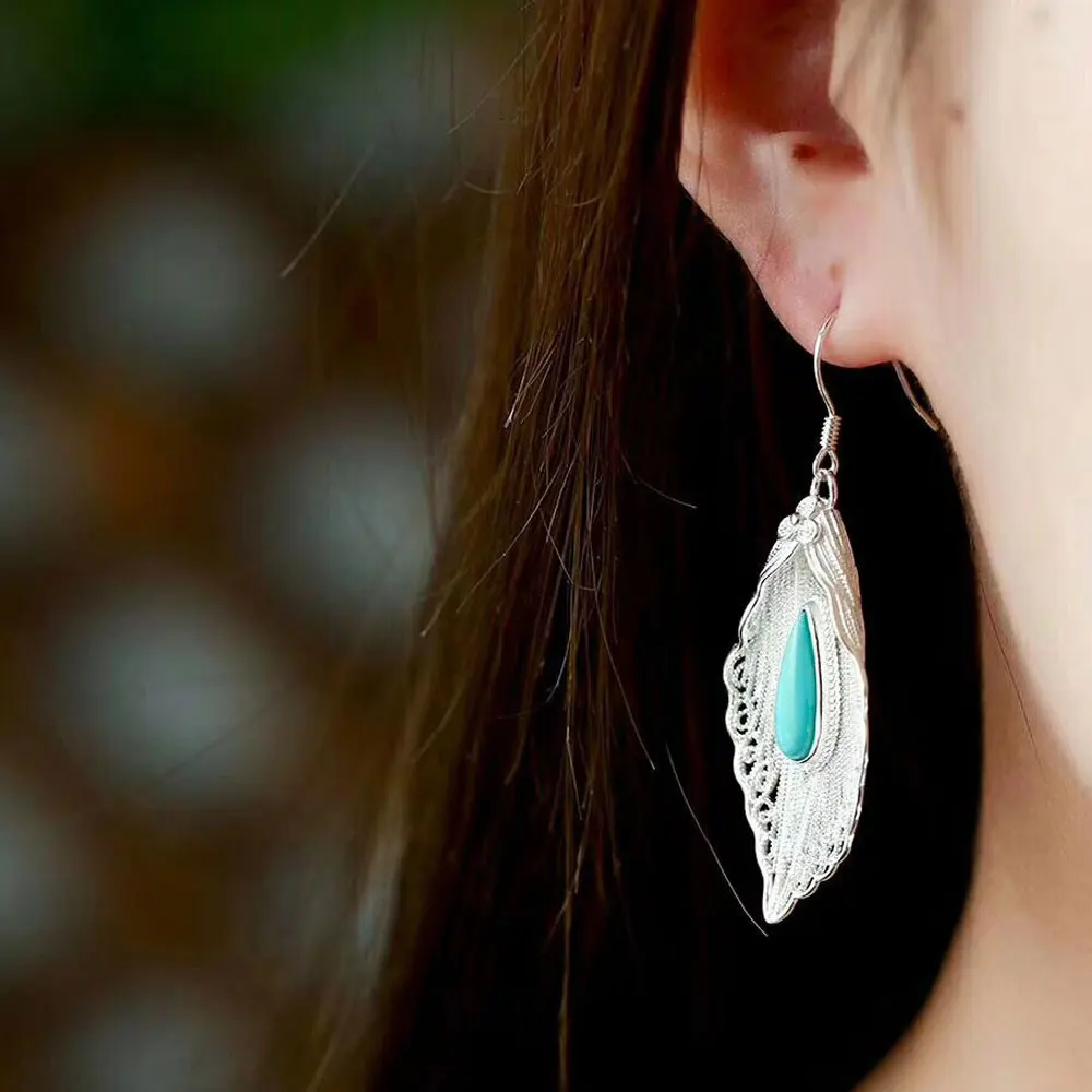 Женские сережки из серебра 925 пробы RADHORSE в виде листьев бирюзы классическом
