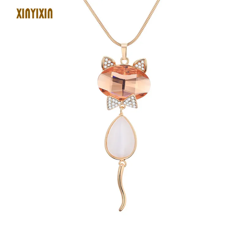 

Gold Pink Opal Cartoon Cat Pendant Necklace Women Elegant Big Crystal Bow Lovely Cat Long Necklace Pet Lucky Fashion Jewelry