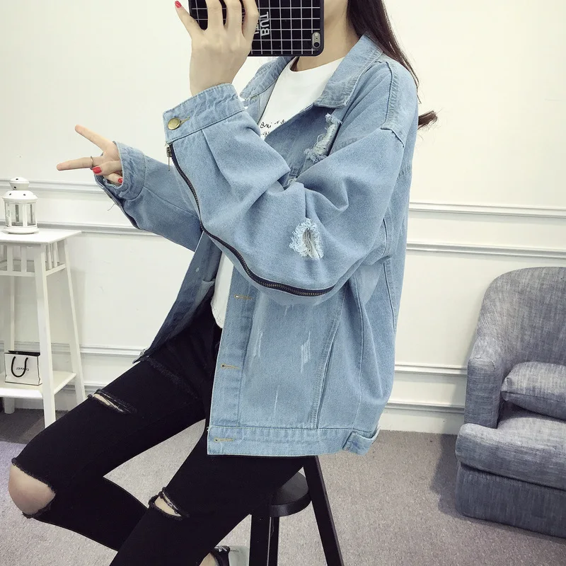 2017 рваные Для женщин Джинсовое пальто отверстие джинсовая куртка Свободные патч