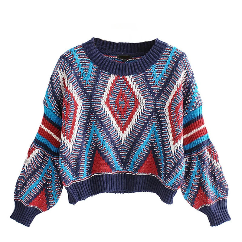 Женский винтажный свитер в стиле бохо с геометрическим рисунком Повседневный