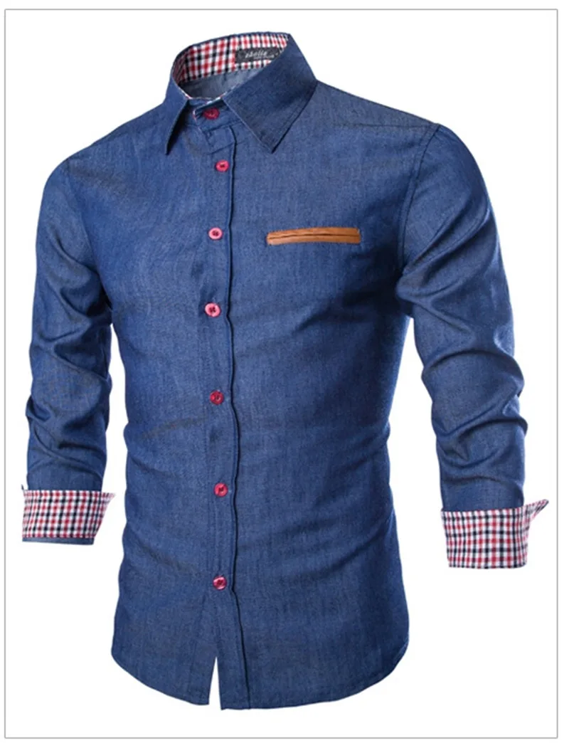 

Casual men's shirt long-sleeved denim Slim men's Leather pocket shirt Slim 100% cotton Drop shipping top clothes plus size