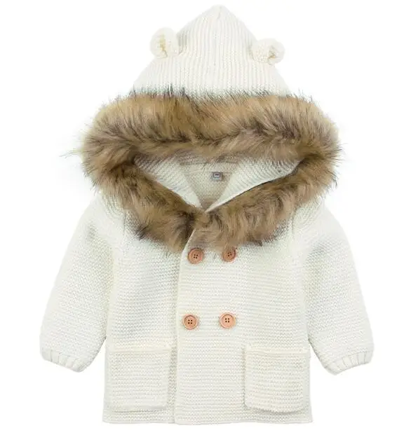 82W326 White Зимний теплый свитер для новорожденных, вязаный кардиган серого цвета со съемным меховым капюшоном для маленьких мальчиков и девочек, осенняя верхняя одежда, вязаная одежда для детей 0-24 месяцев - Цвет: 82W326 White