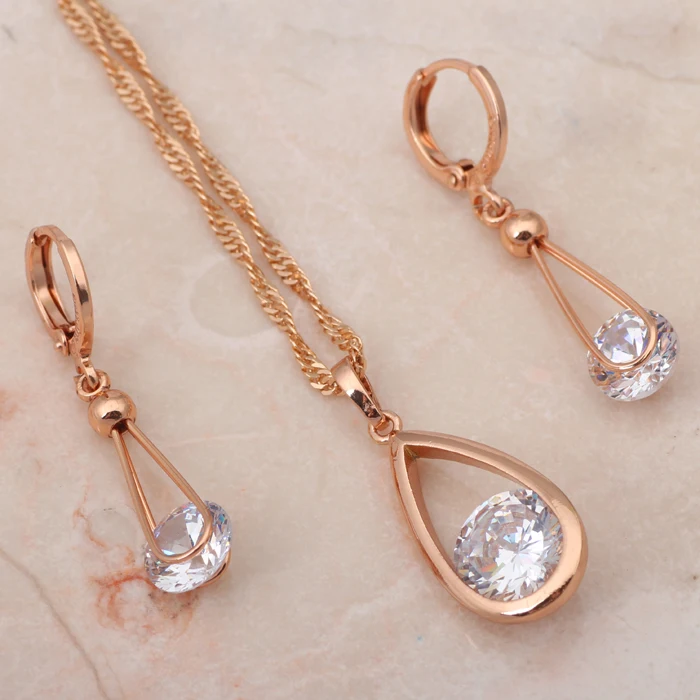 Rolilason Цирконий наборы Модные украшения нежный дизайн формы розовое золото Тон