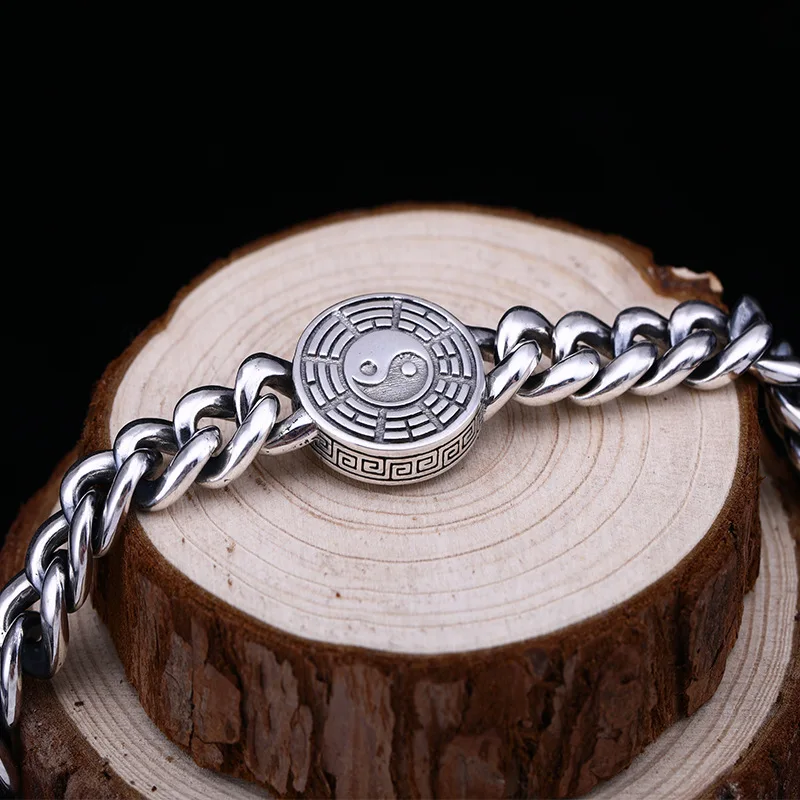 Gossip the eight trigrams bracelet Pure S95 sterling silver chunky cuban chain Spinner tai chi men's Fine Jewelry | Украшения и
