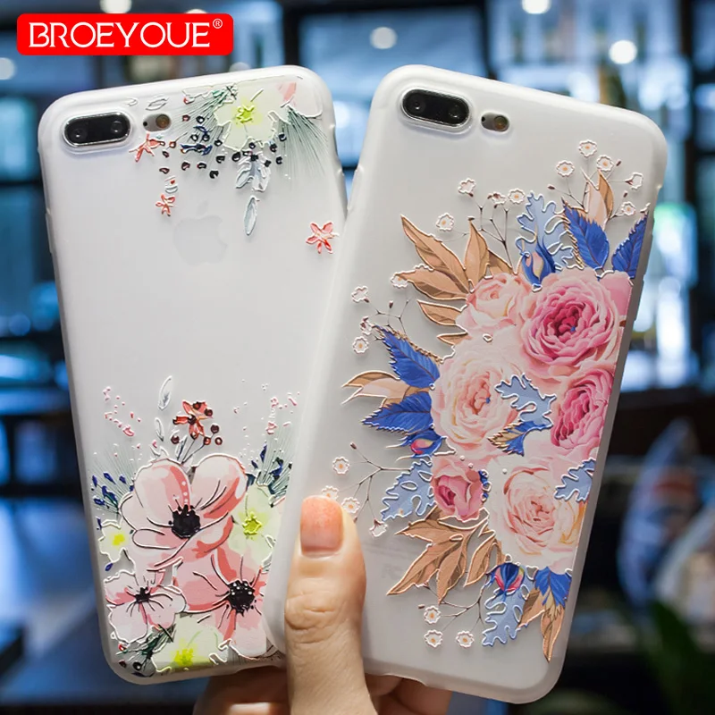 BROEYOUE Case For iPhone 7 8 6 6S Plus 5 5S SE X 3D Relief Soft Silicone TPU Flowers Cases Fundas Cell Phone |