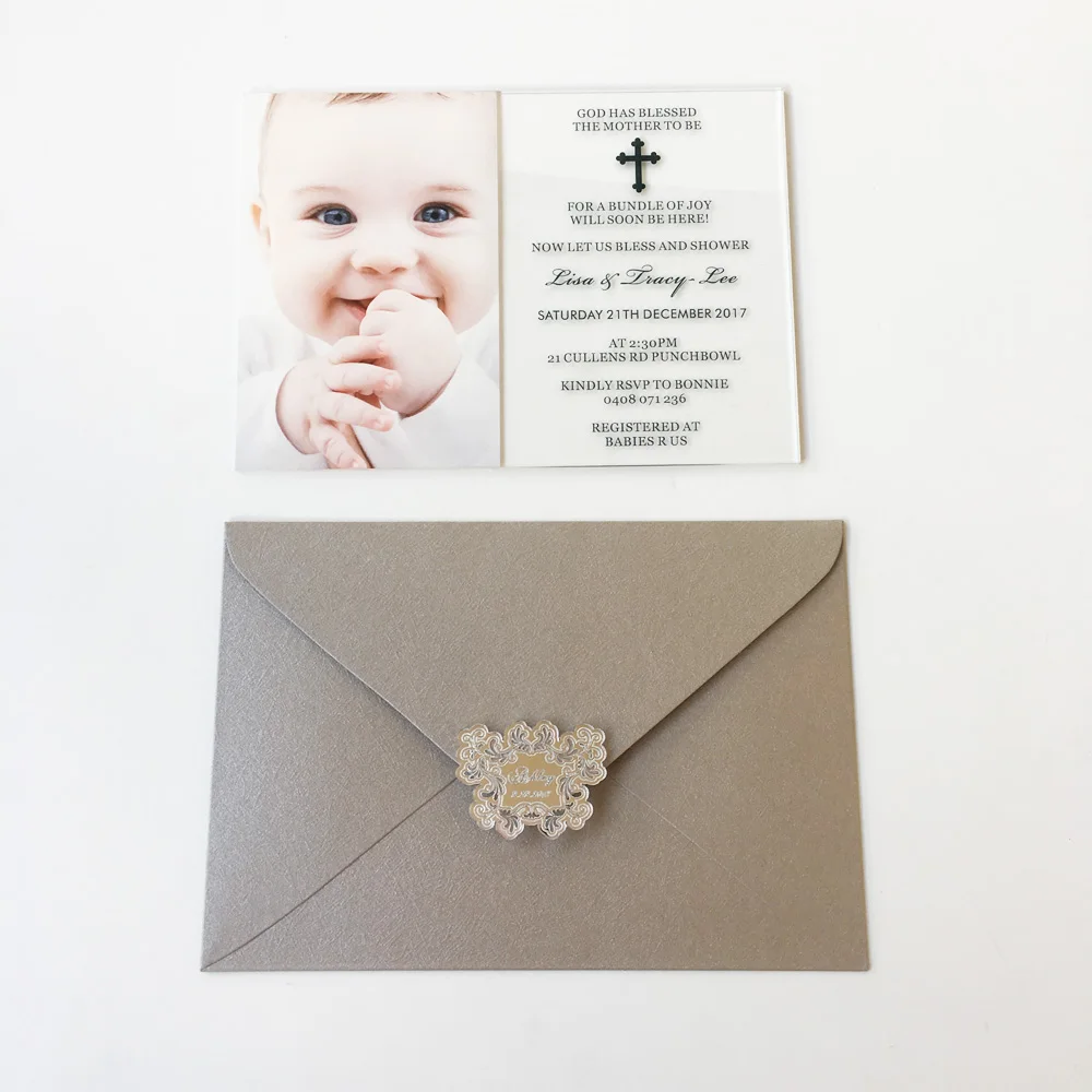 

50sets Per Lot 5x7inch UV Printing Photo Clear Acrylic Christening and Baptism Invitation Card SHIP TO USA ONLY