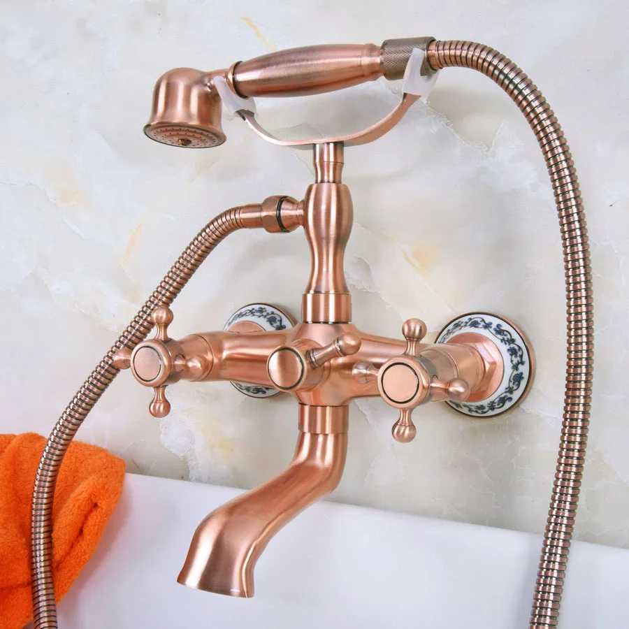 

Antique Red Copper Brass Dual Cross Handles Wall Mounted ClawFoot Bath Tub Faucet Mixer Tap With Hand Shower Spray mna338